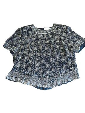 Adrianna Papell Boutique Evening Navy Blue Silver Beaded Floral Silk Top 16